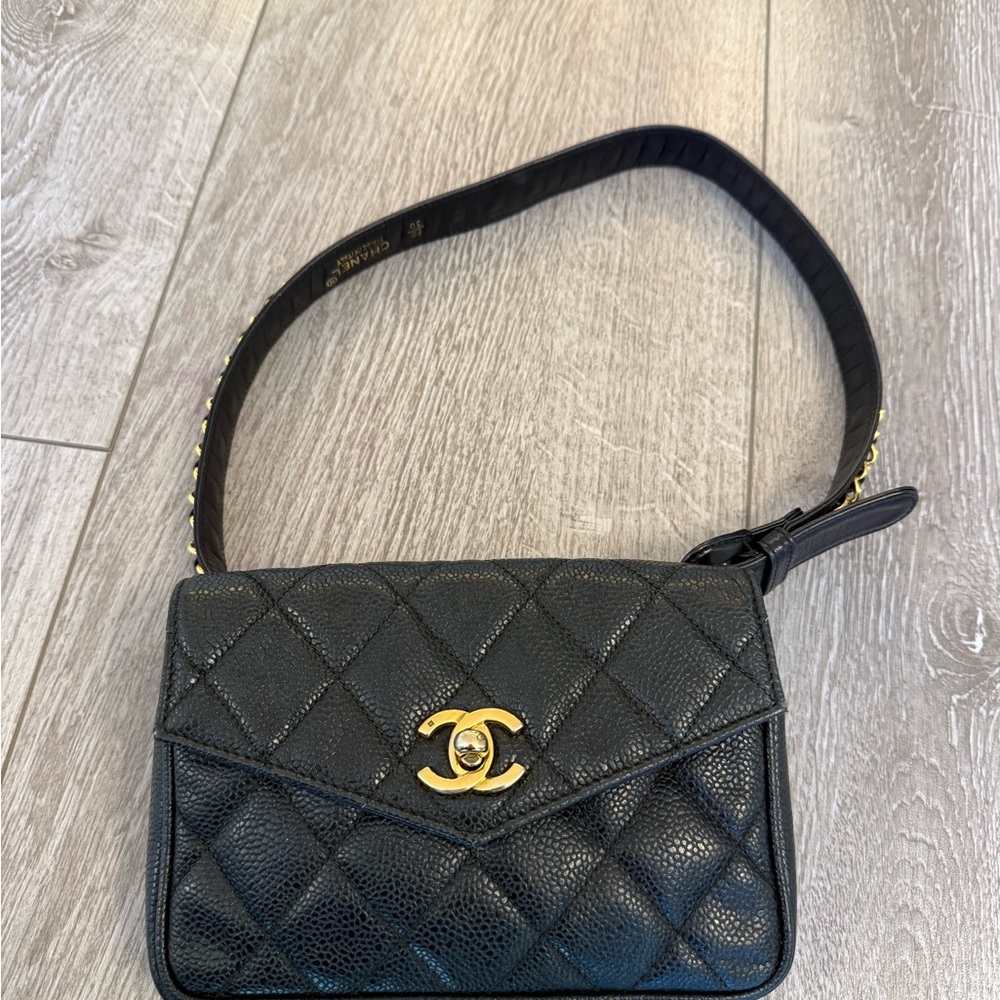 Authentic CHANEL Matelasse Waist Bag Caviar Leather Black Gold 75/30